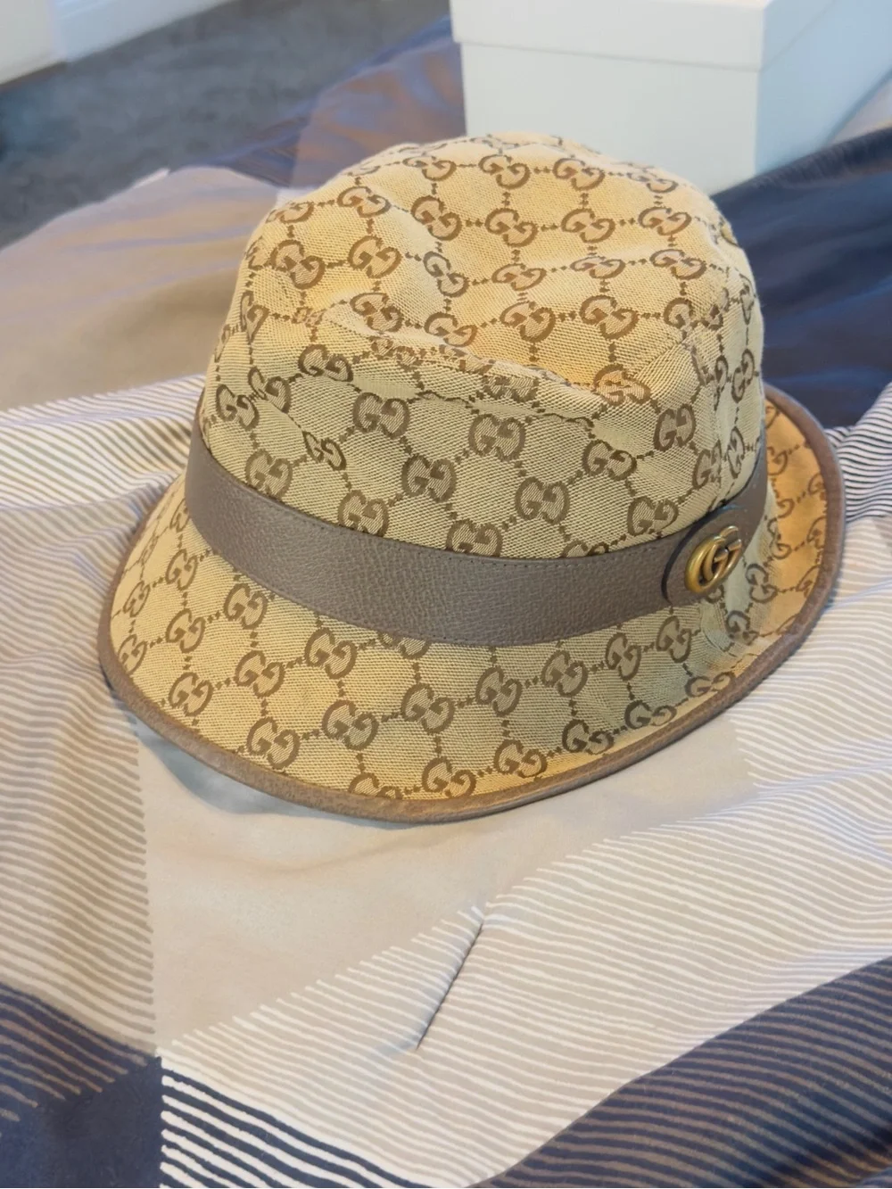 Gucci Beige GG Monogram Bucket Hat with Taupe Band and Gold Logo
